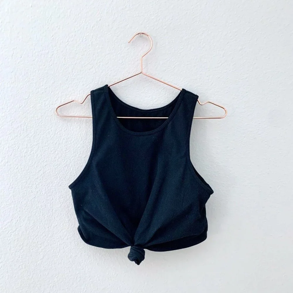 GapFit Ribbed Blackout Twist-Knot Cropped Sports Bra Black Size L - Picture 2 of 8